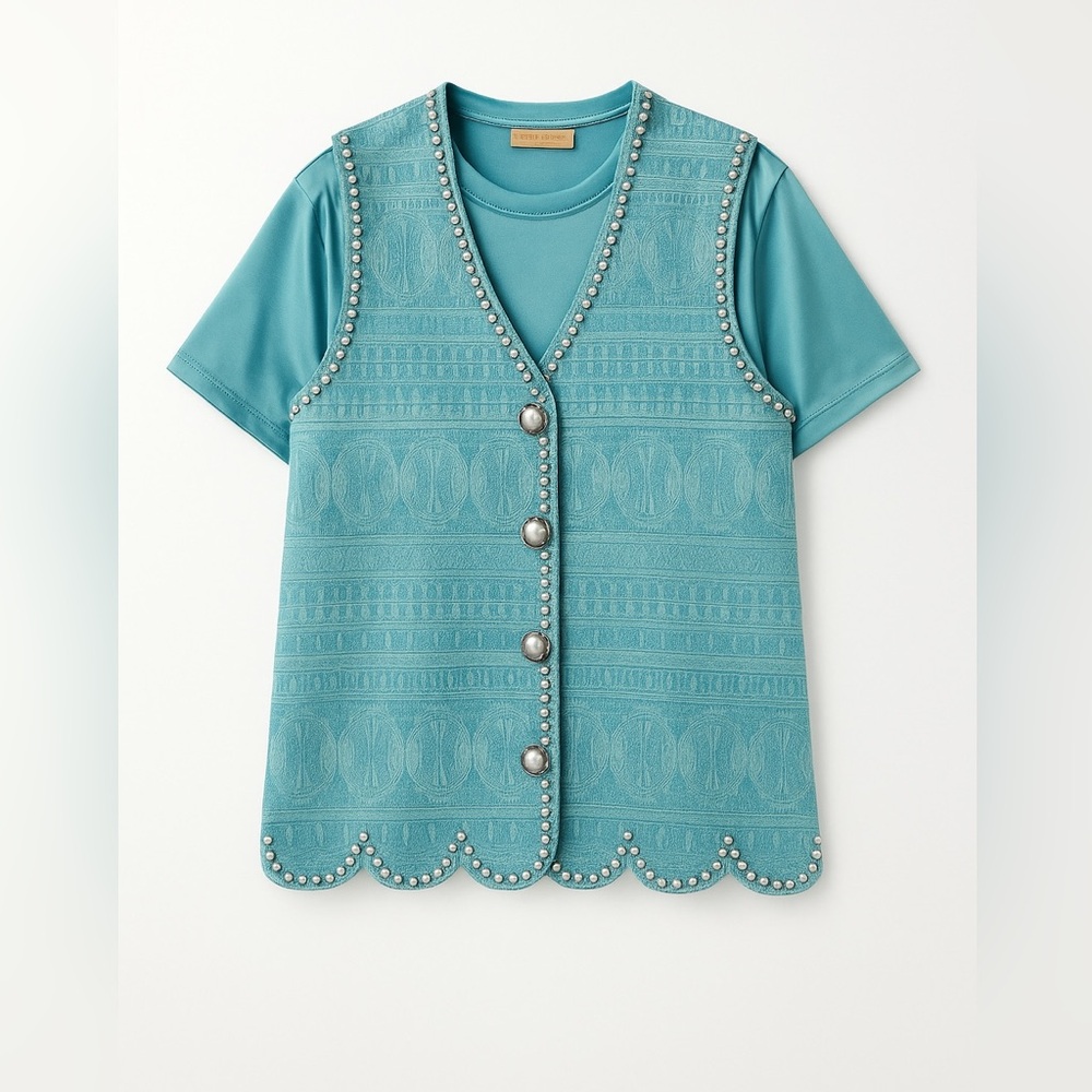 Vintage Double D Ranch Wear Studded Jacquard Teal Longline Western Vest